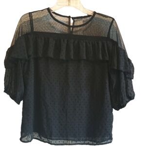 As Know As Pinky Black Sheer Mesh Yoke‎ Top Textured Fabric Lined Whimsigoth